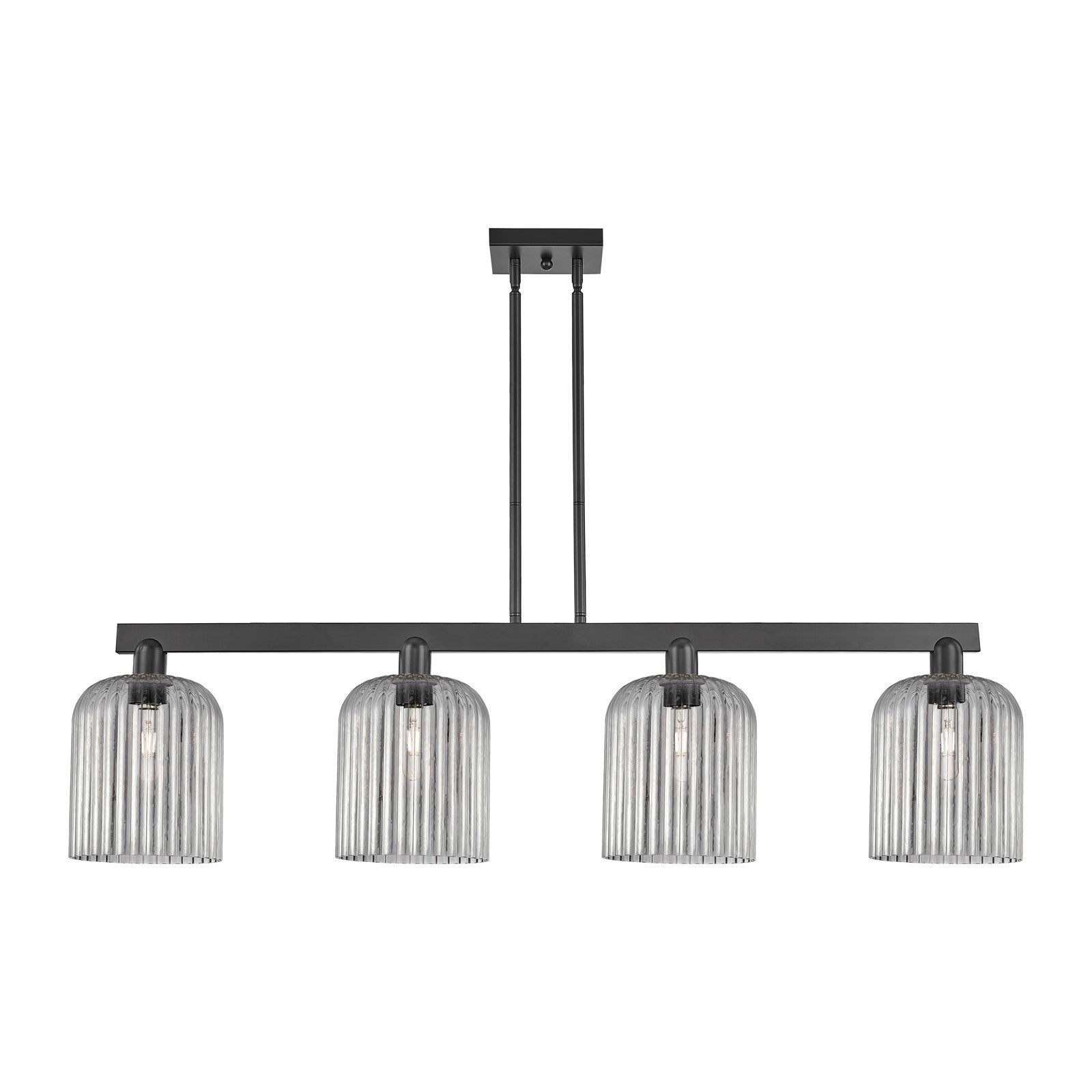 Innovations Bridal Veil 51in 4-Light Island Light | Industrial Matte Black Steel and Light Smoke Ribbed Glass | Kitchen Island | Model 716-4I-BK-G559-8SM