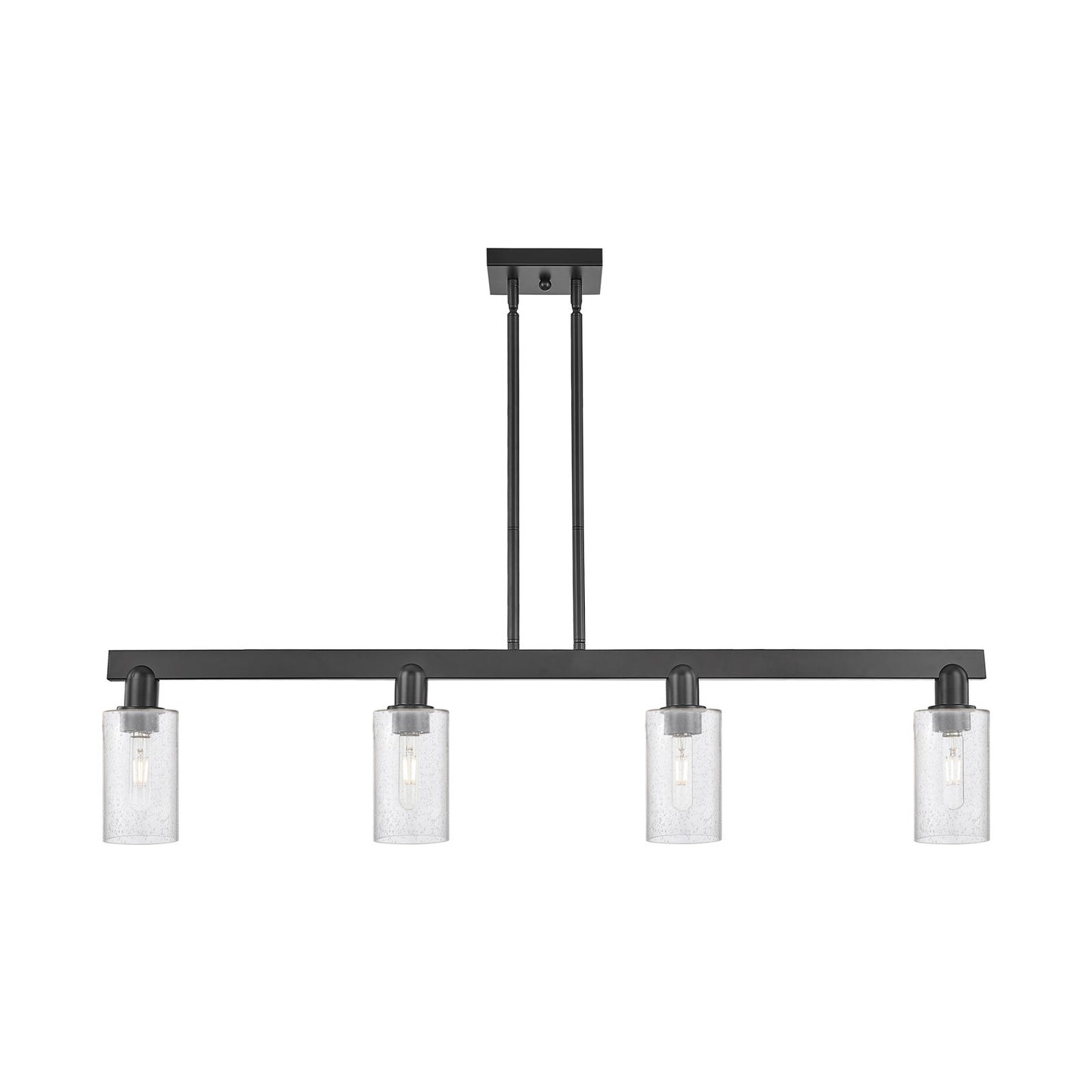 Innovations Clymer 47in 4-Light Island Light | Industrial Matte Black Steel and Seedy Glass | Kitchen Island & Dining Room | Model 716-4I-BK-G804