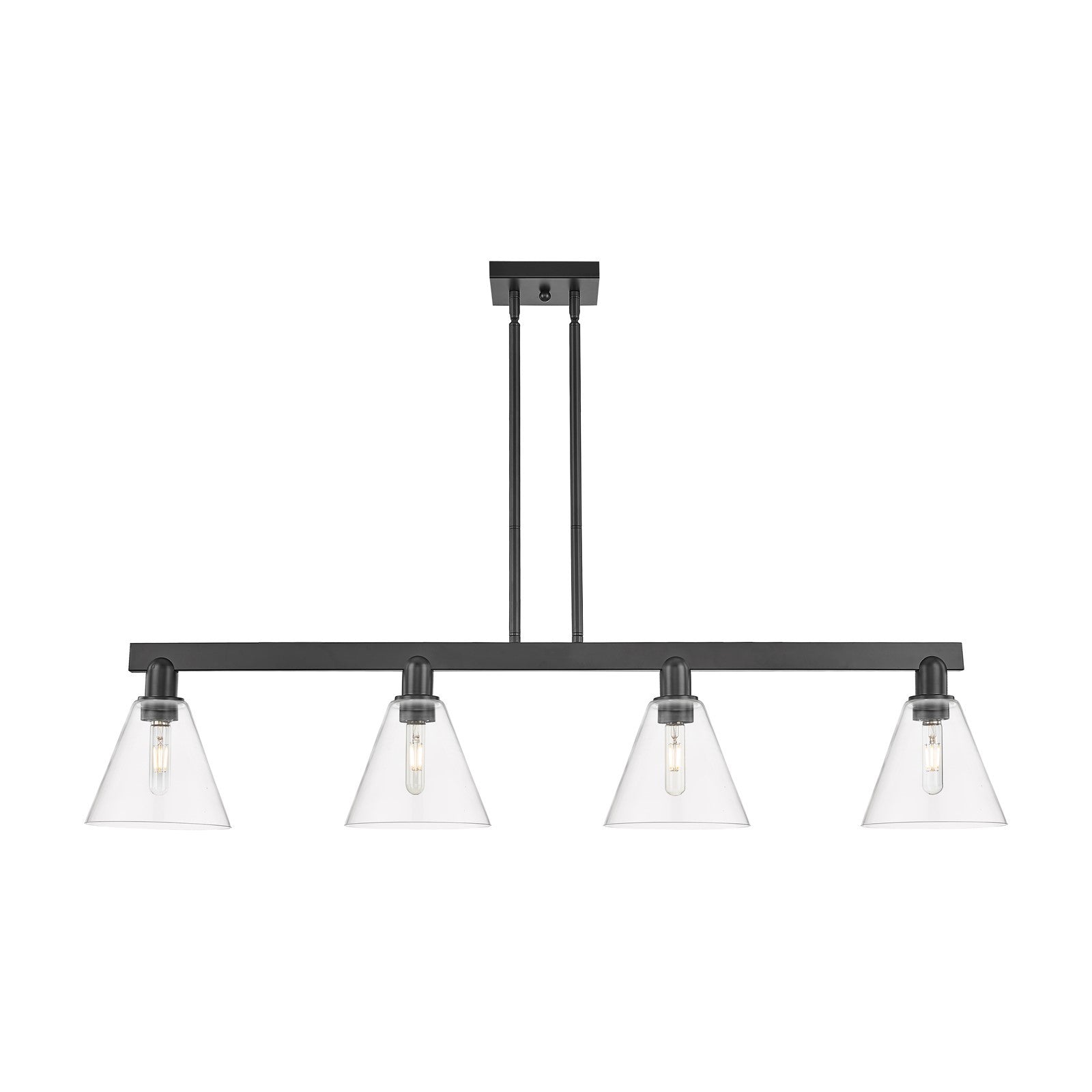 Innovations Berkshire Glass 51in 4-Light Island Light | Industrial Matte Black Steel and Clear Glass | Kitchen Island & Dining | Model 716-4I-BK-GBC-82
