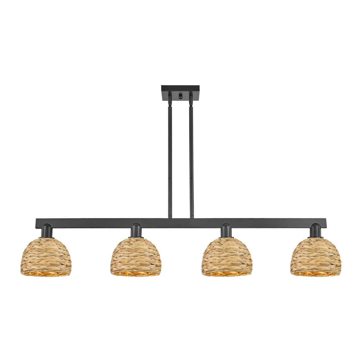 Innovations Woven Rattan 51in 4-Light Island Light | Industrial Matte Black Steel and Natural Fiber Dome Shade | Kitchen | Model 716-4I-BK-RBD-8-NAT
