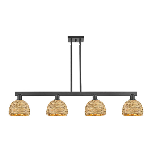 Innovations Woven Rattan 51in 4-Light Island Light | Industrial Matte Black Steel and Natural Fiber Dome Shade | Kitchen | Model 716-4I-BK-RBD-8-NAT