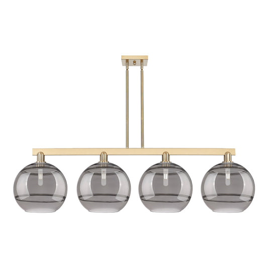 Innovations Rochester 55in 4-Light Island Light | Industrial Champagne Bronze Steel and Light Smoke Glass | Kitchen Island & | Model 716-4I-CB-G556-12SM