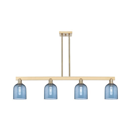 Innovations Bella 48in 4-Light Island Light | Industrial Champagne Bronze Steel and Blue Glass | Kitchen Island & Dining Room | Model 716-4I-CB-G558-6BL