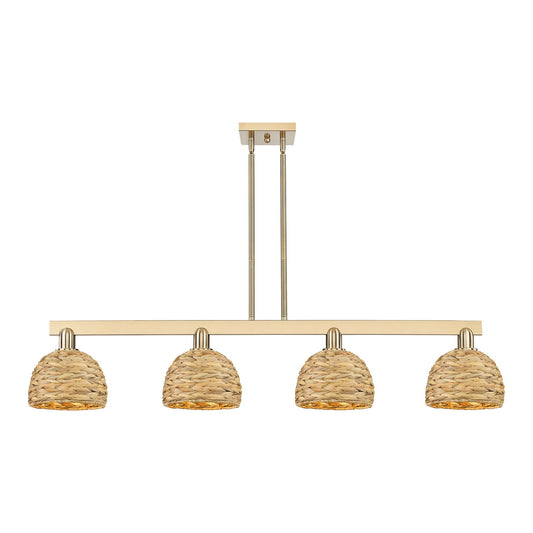 Innovations Woven Rattan 51in 4-Light Island Light | Industrial Champagne Bronze Steel and Natural Fiber Dome Shade | Kitchen | Model 716-4I-CB-RBD-8-NAT