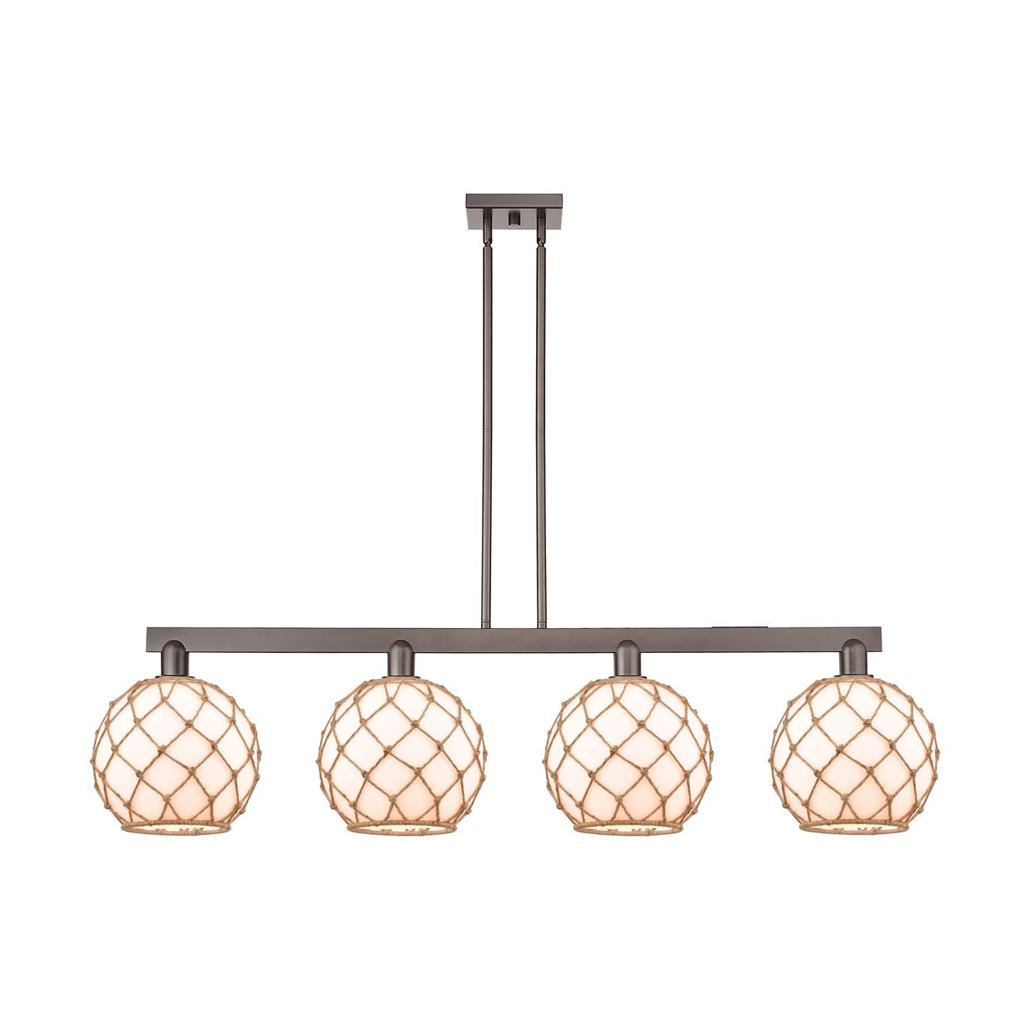 Innovations Farmhouse Rope 53in 4-Light Island Light | Industrial Oil Rubbed Bronze Steel and Matte White Glass with Brown | Model 716-4I-OB-G121-10RB