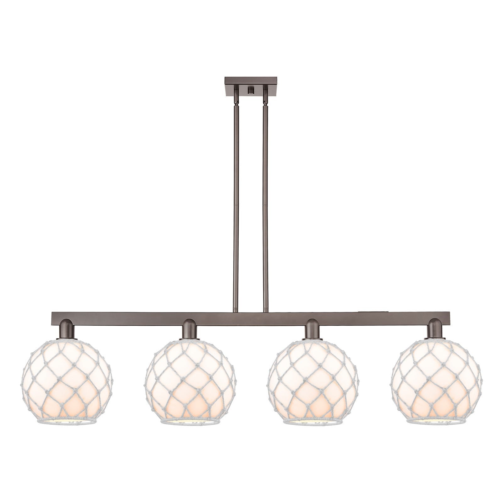 Innovations Farmhouse Rope 53in 4-Light Island Light | Industrial Oil Rubbed Bronze Steel and White Glass with Rope | Kitchen | Model 716-4I-OB-G121-10RW