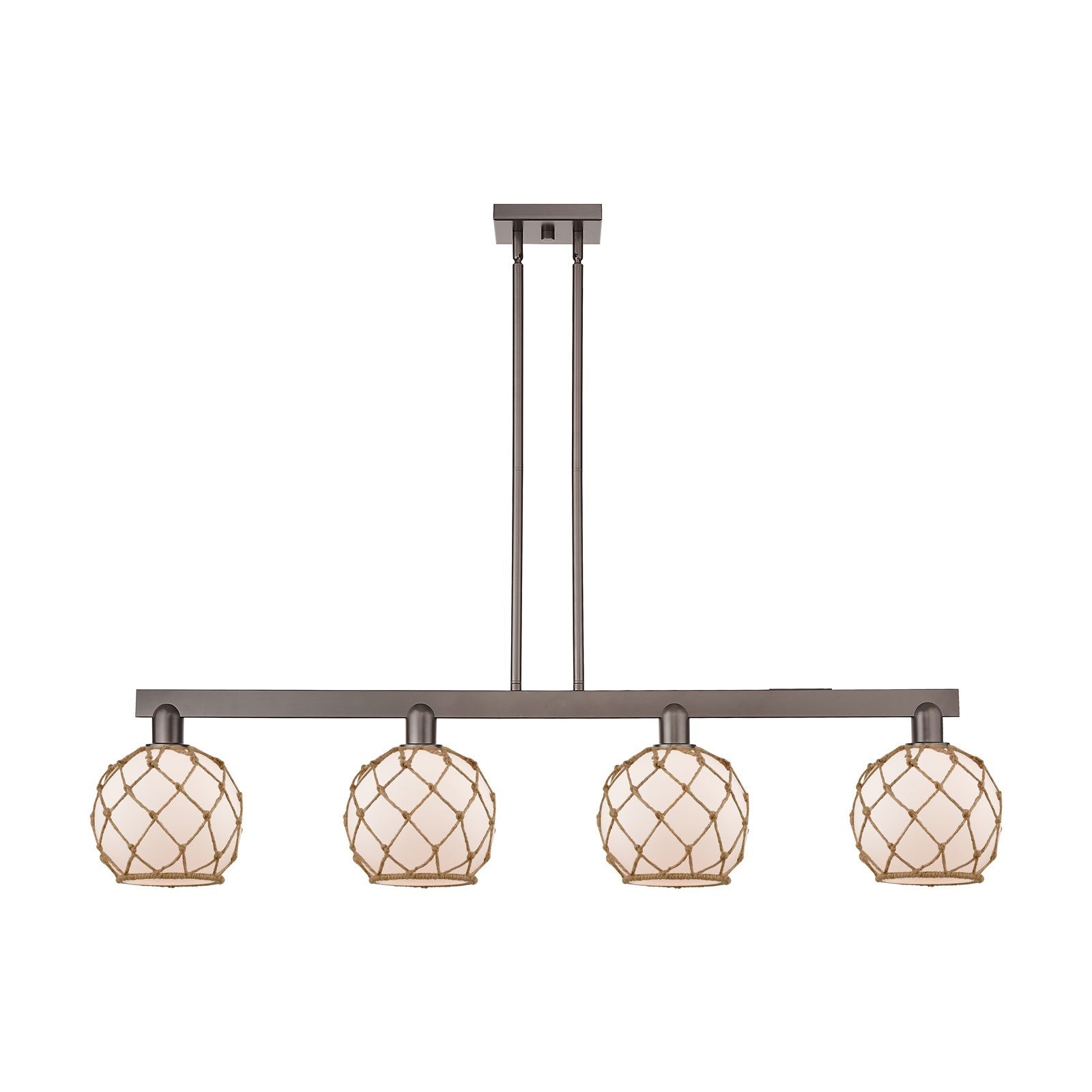 Innovations Farmhouse Rope 51in 4-Light Island Light | Industrial Oil Rubbed Bronze Steel and White Frosted Glass with Brown | Model 716-4I-OB-G121-8RB