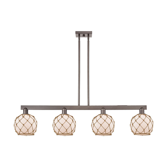 Innovations Farmhouse Rope 51in 4-Light Island Light | Industrial Oil Rubbed Bronze Steel and White Frosted Glass with Brown | Model 716-4I-OB-G121-8RB