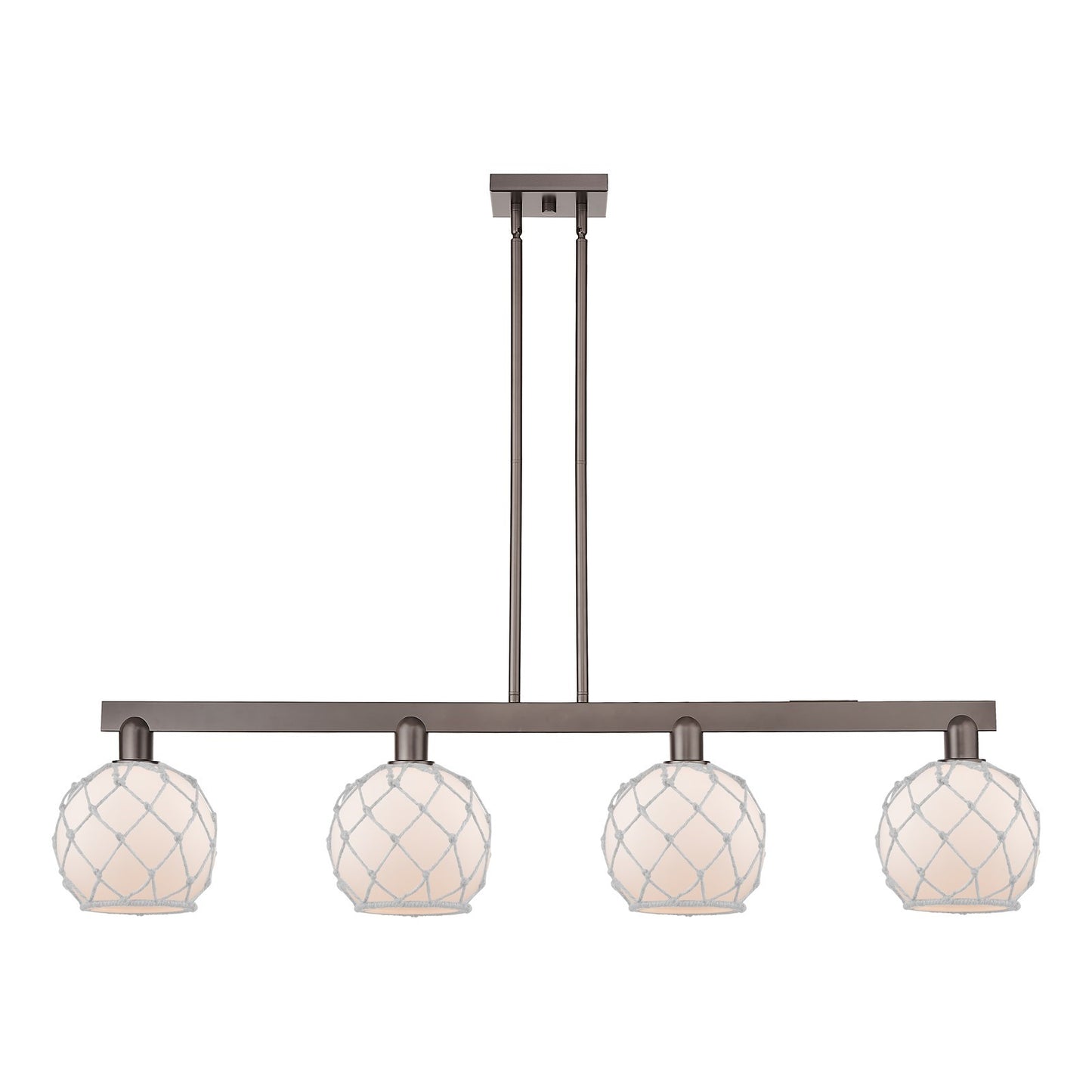 Innovations Farmhouse Rope 51in 4-Light Island Light | Industrial Oil Rubbed Bronze Steel and White Frosted Glass Rope Shade | Model 716-4I-OB-G121-8RW