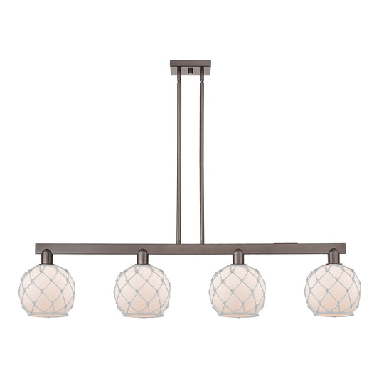 Innovations Farmhouse Rope 51in 4-Light Island Light | Industrial Oil Rubbed Bronze Steel and White Frosted Glass Rope Shade | Model 716-4I-OB-G121-8RW