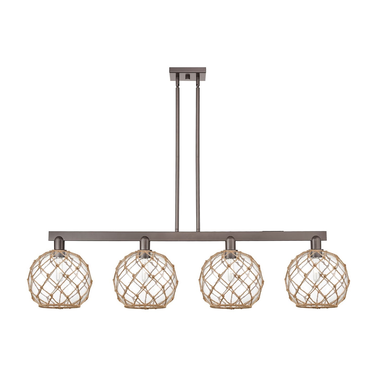 Innovations Farmhouse Rope 53in 4-Light Island Light | Industrial Oil Rubbed Bronze Steel and Clear Glass with Brown Rope | Model 716-4I-OB-G122-10RB
