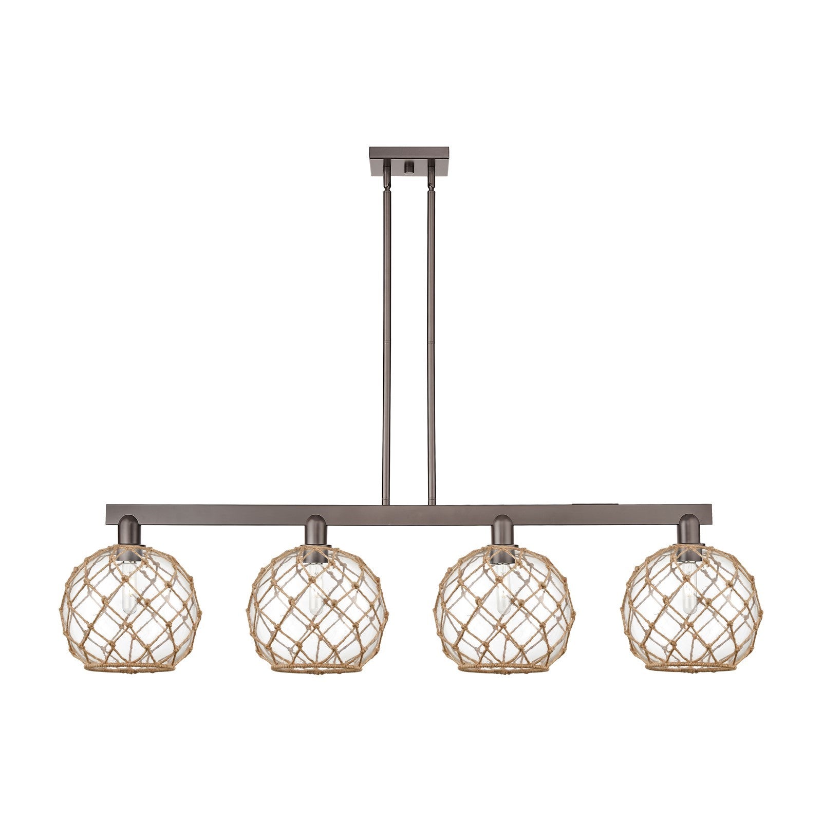 Innovations Farmhouse Rope 53in 4-Light Island Light | Industrial Oil Rubbed Bronze Steel and Clear Glass with Brown Rope | Model 716-4I-OB-G122-10RB