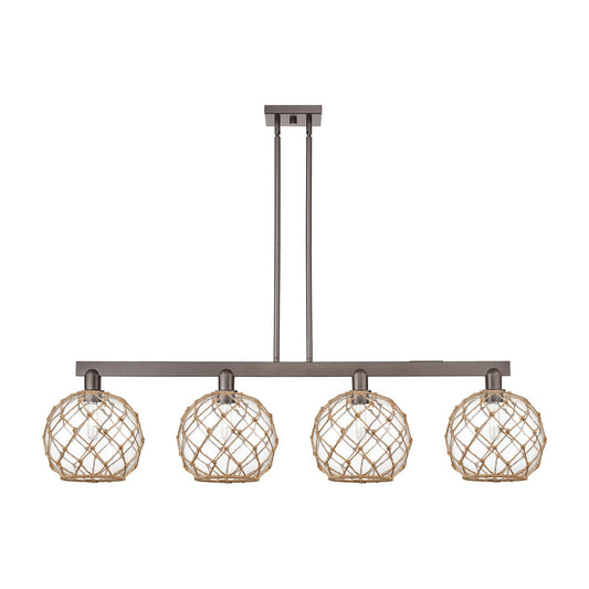 Innovations Farmhouse Rope 53in 4-Light Island Light | Industrial Oil Rubbed Bronze Steel and Clear Glass with Brown Rope | Model 716-4I-OB-G122-10RB
