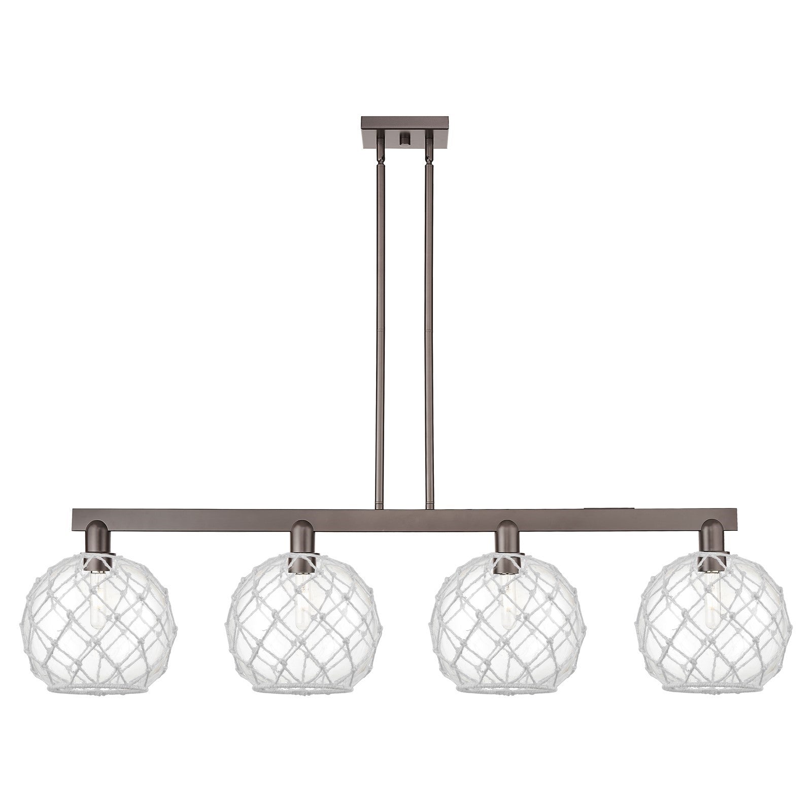 Innovations Farmhouse Rope 53in 4-Light Island Light | Industrial Oil Rubbed Bronze Steel and Clear Glass with White Rope | Model 716-4I-OB-G122-10RW