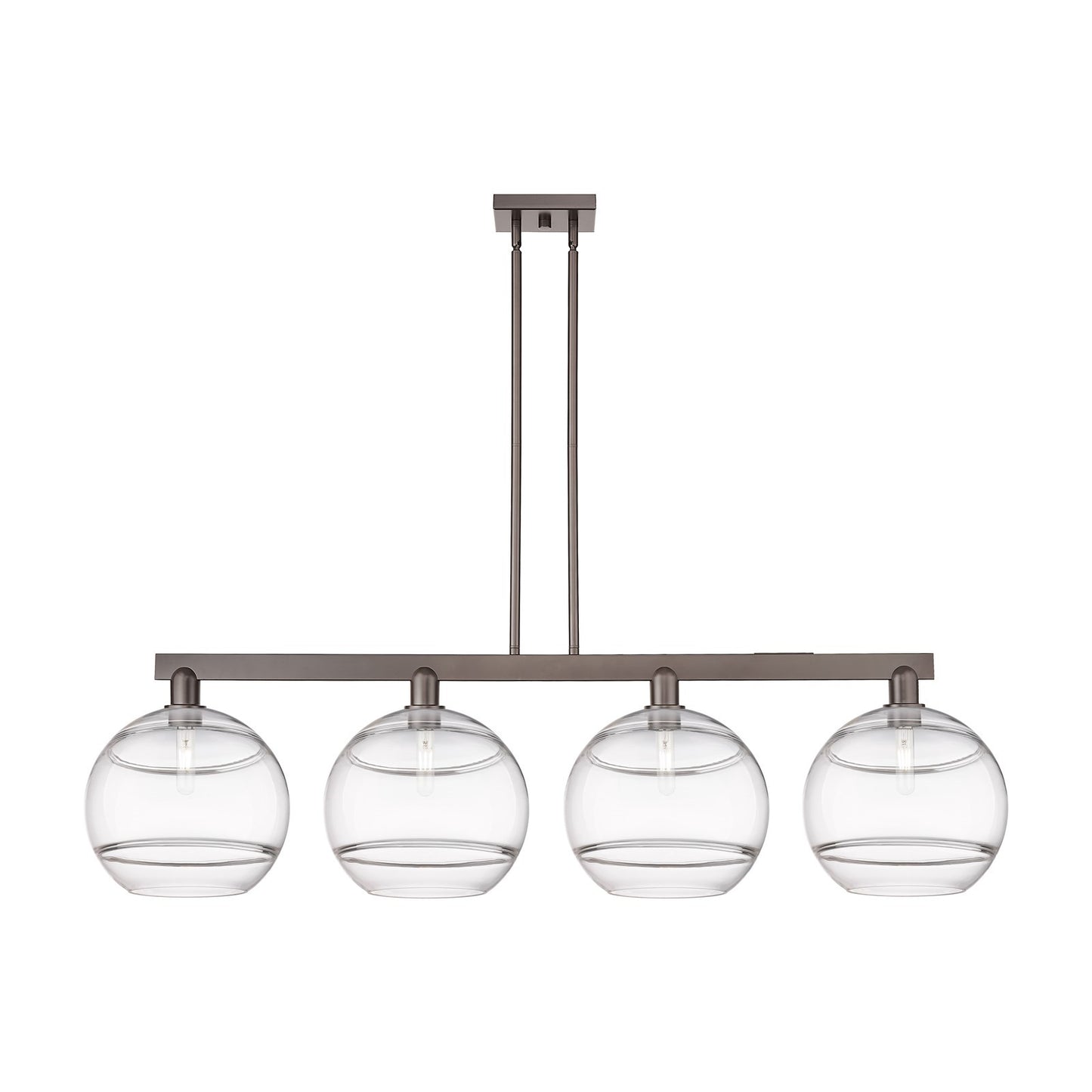 Innovations Rochester 55in 4-Light Island Light | Industrial Oil Rubbed Bronze Steel and Clear Glass | Kitchen Island & Dining | Model 716-4I-OB-G556-12CL