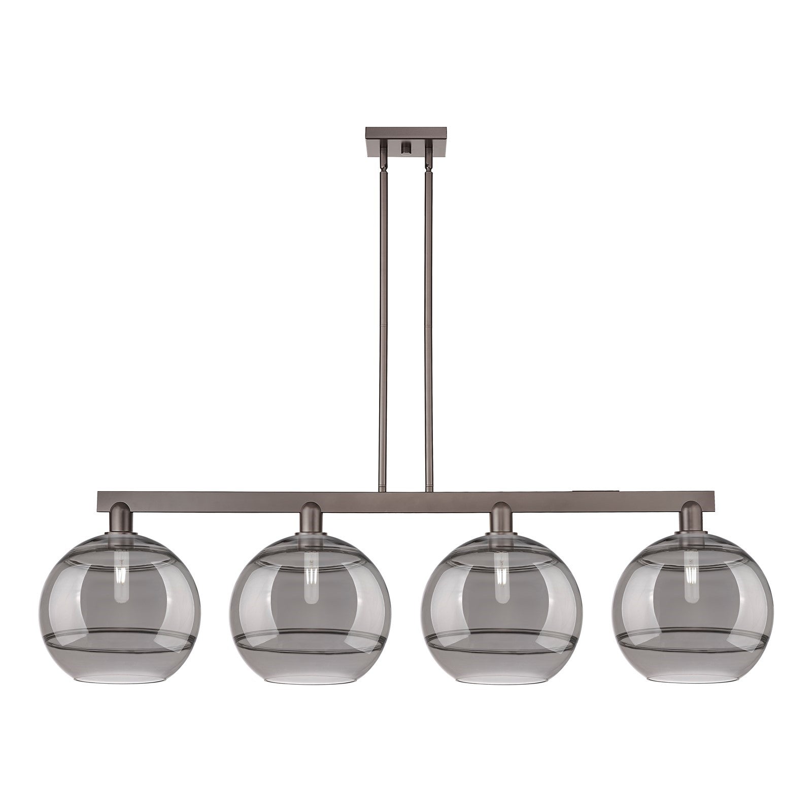 Innovations Rochester 55in 4-Light Island Light | Industrial Oil Rubbed Bronze Steel and Light Smoke Glass | Kitchen Island & | Model 716-4I-OB-G556-12SM