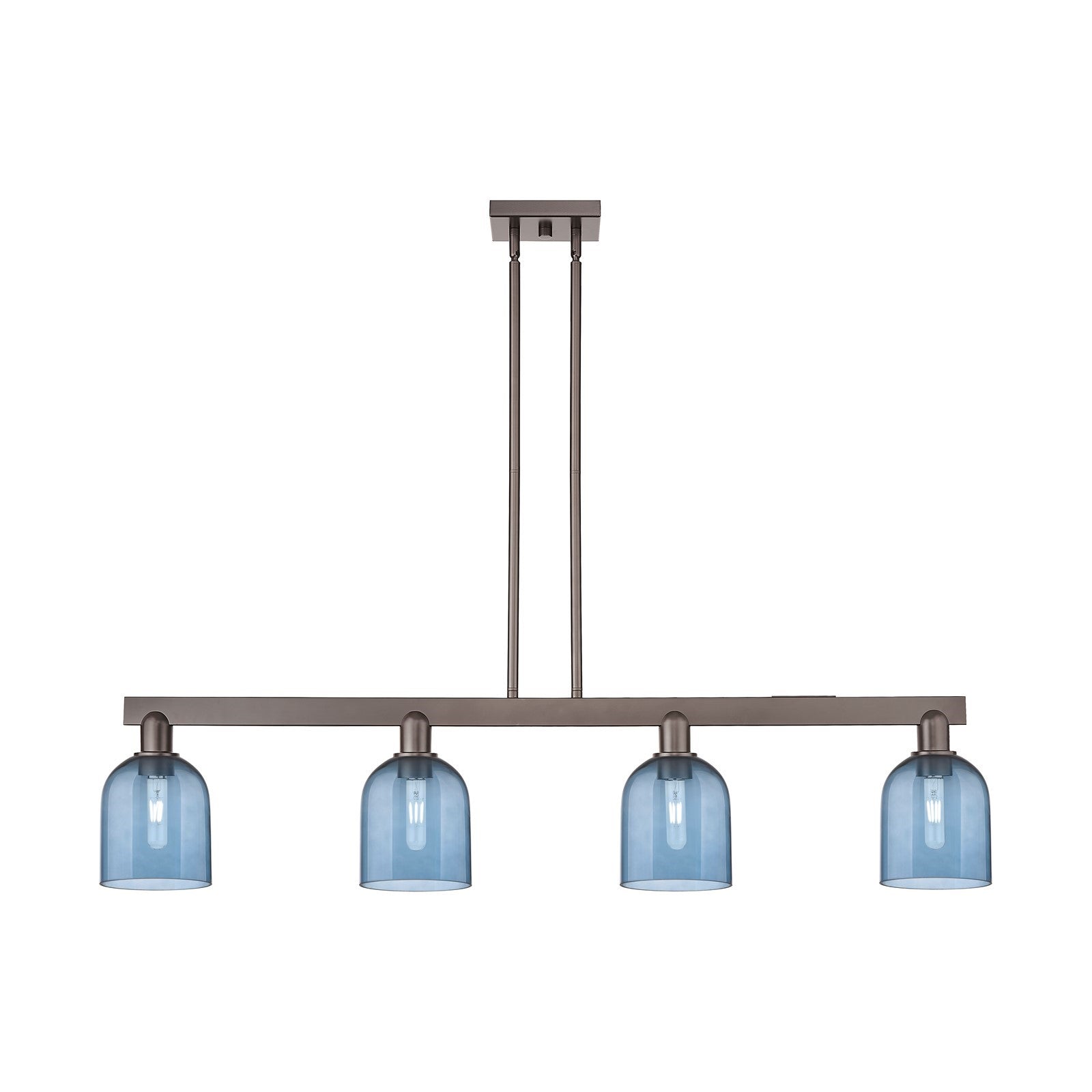 Innovations Bella 48in 4-Light Island Light | Industrial Oil Rubbed Bronze Steel and Blue Glass | Kitchen Island & Dining Room | Model 716-4I-OB-G558-6BL