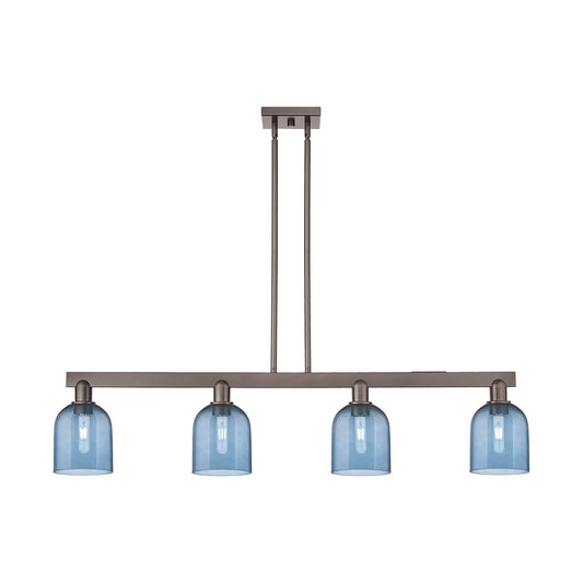 Innovations Bella 48in 4-Light Island Light | Industrial Oil Rubbed Bronze Steel and Blue Glass | Kitchen Island & Dining Room | Model 716-4I-OB-G558-6BL