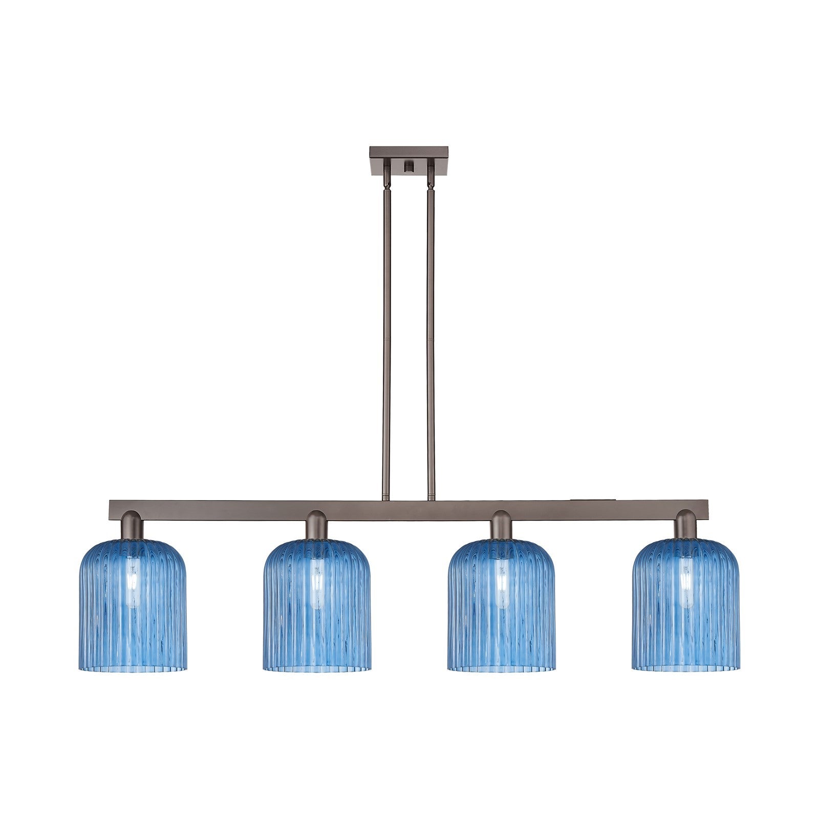 Innovations Bridal Veil 51in 4-Light Island Light | Industrial Oil Rubbed Bronze Steel and Princess Blue Glass | Kitchen Island | Model 716-4I-OB-G559-8BL