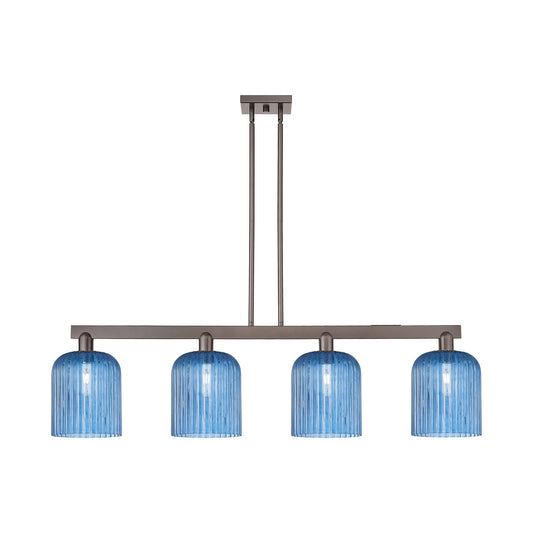 Innovations Bridal Veil 51in 4-Light Island Light | Industrial Oil Rubbed Bronze Steel and Princess Blue Glass | Kitchen Island | Model 716-4I-OB-G559-8BL