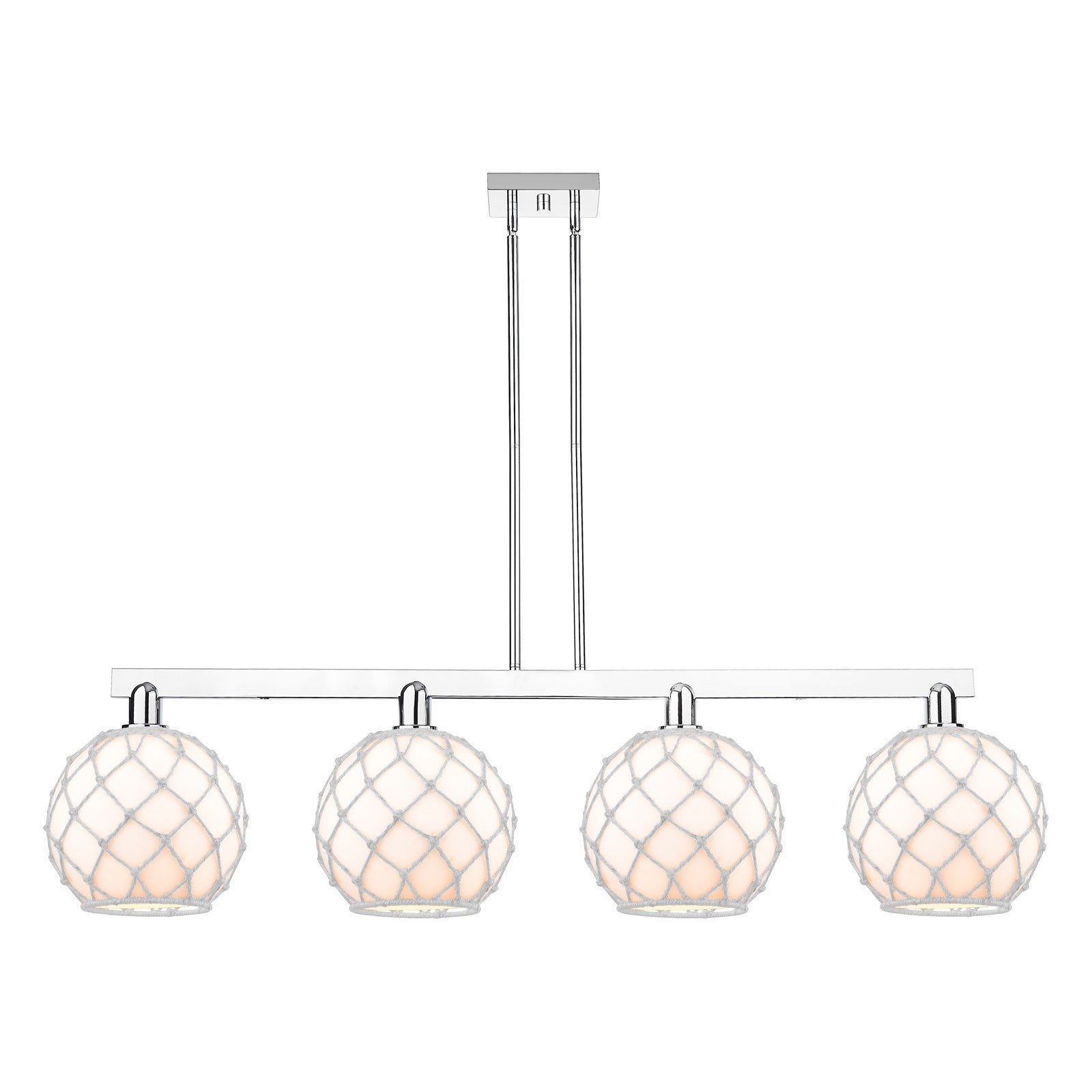 Innovations Farmhouse Rope 53in 4-Light Island Light | Industrial Polished Chrome and White Glass with Rope | Kitchen Island & | Model 716-4I-PC-G121-10RW