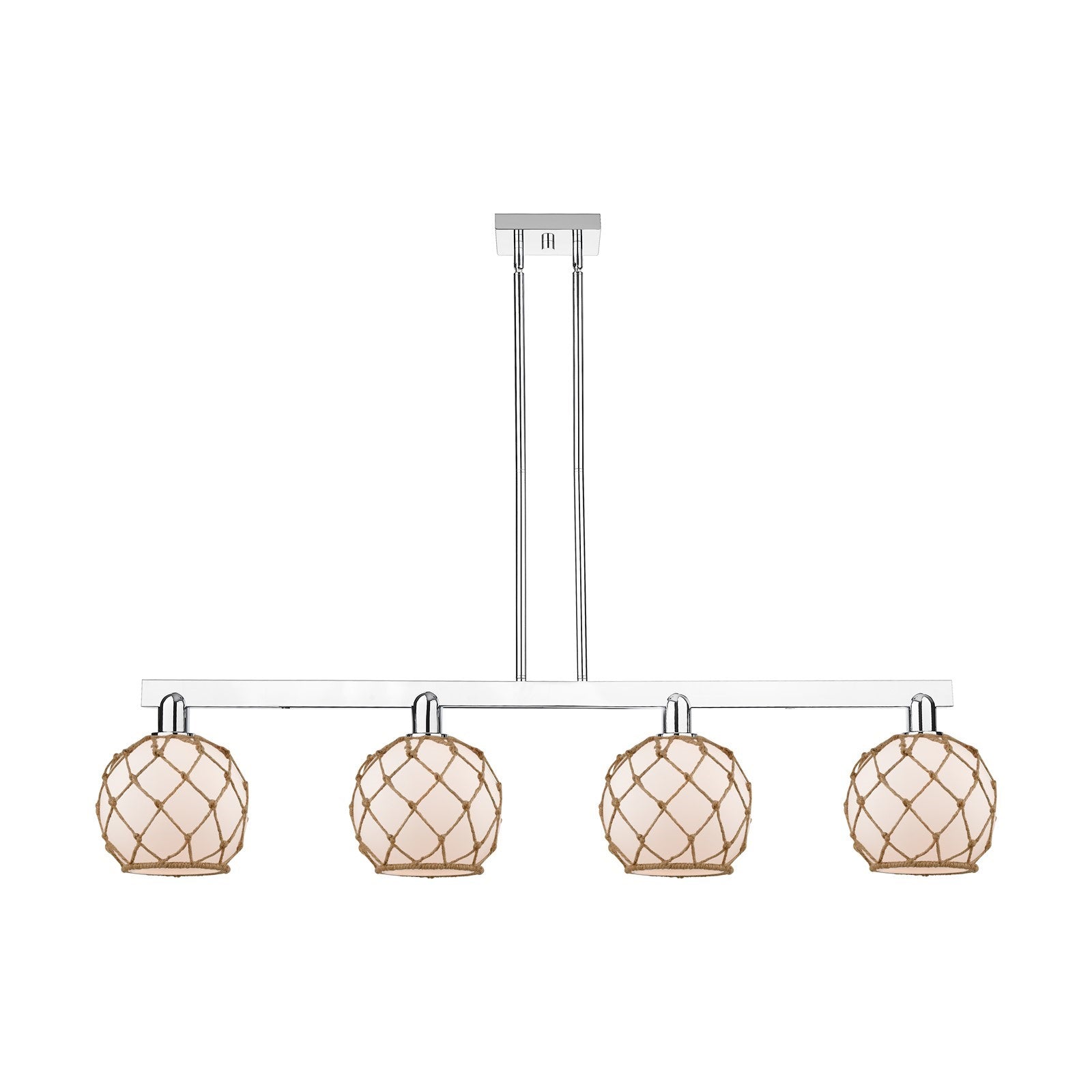 Innovations Farmhouse Rope 51in 4-Light Island Light | Industrial Polished Chrome and White Frosted Glass with Brown Rope | Model 716-4I-PC-G121-8RB
