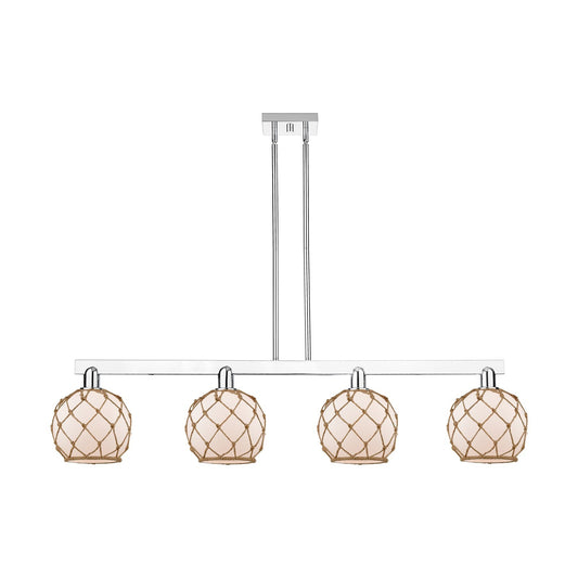 Innovations Farmhouse Rope 51in 4-Light Island Light | Industrial Polished Chrome and White Frosted Glass with Brown Rope | Model 716-4I-PC-G121-8RB