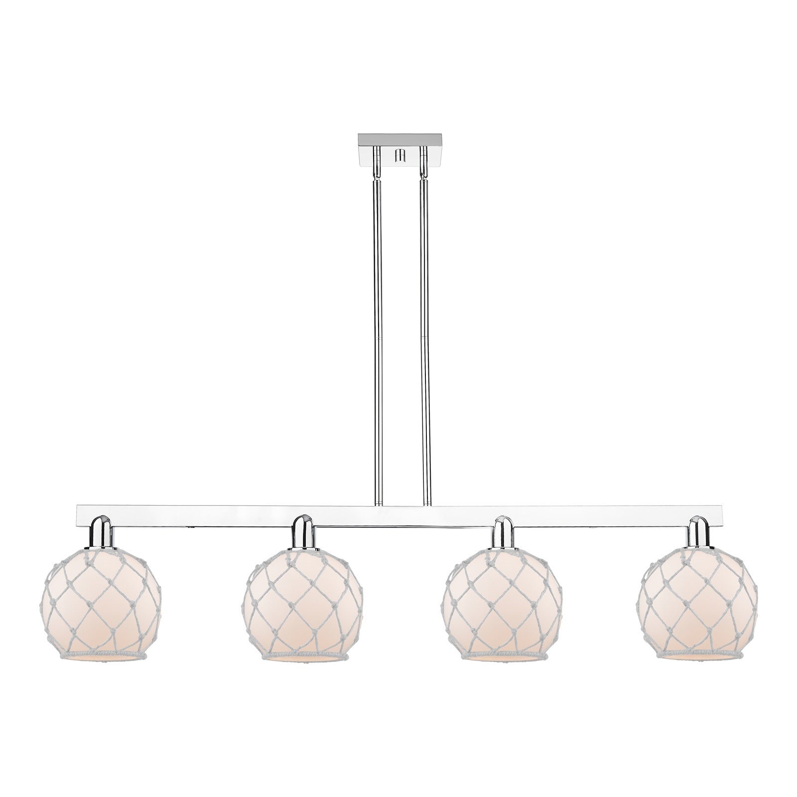 Innovations Farmhouse Rope 51in 4-Light Island Light | Industrial Polished Chrome Steel and White Frosted Glass with Rope | Model 716-4I-PC-G121-8RW