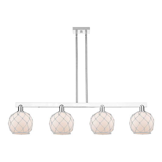Innovations Farmhouse Rope 51in 4-Light Island Light | Industrial Polished Chrome Steel and White Frosted Glass with Rope | Model 716-4I-PC-G121-8RW