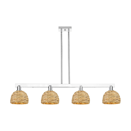 Innovations Arcadia 51in 4-Light Island Light | Industrial Polished Chrome and Natural Woven Rattan | Kitchen Island & Dining | Model 716-4I-PC-RBD-8-NAT