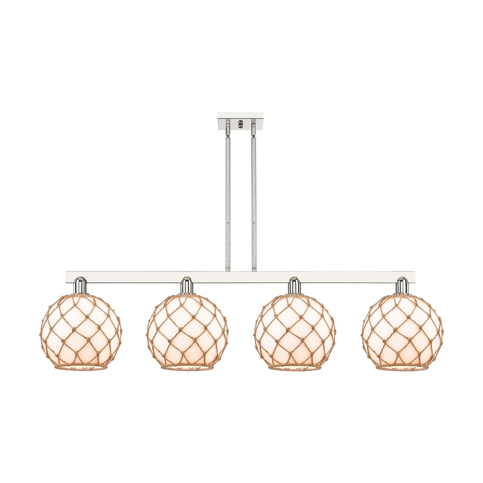 Innovations Farmhouse Rope 53in 4-Light Island Light | Industrial Polished Nickel Steel and Matte White Glass with Brown Rope | Model 716-4I-PN-G121-10RB