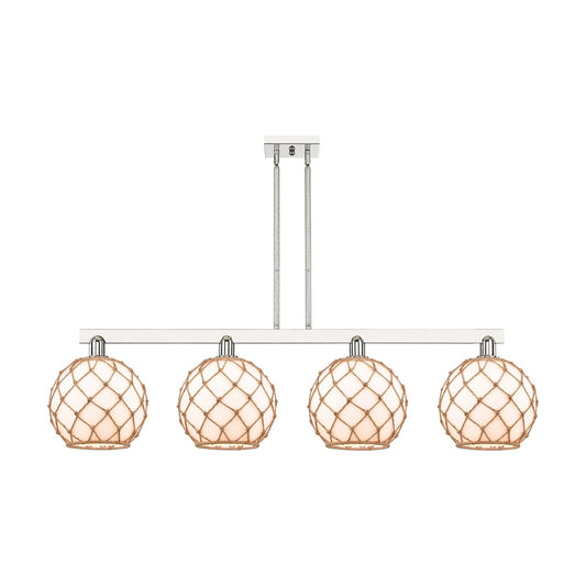 Innovations Farmhouse Rope 53in 4-Light Island Light | Industrial Polished Nickel Steel and Matte White Glass with Brown Rope | Model 716-4I-PN-G121-10RB