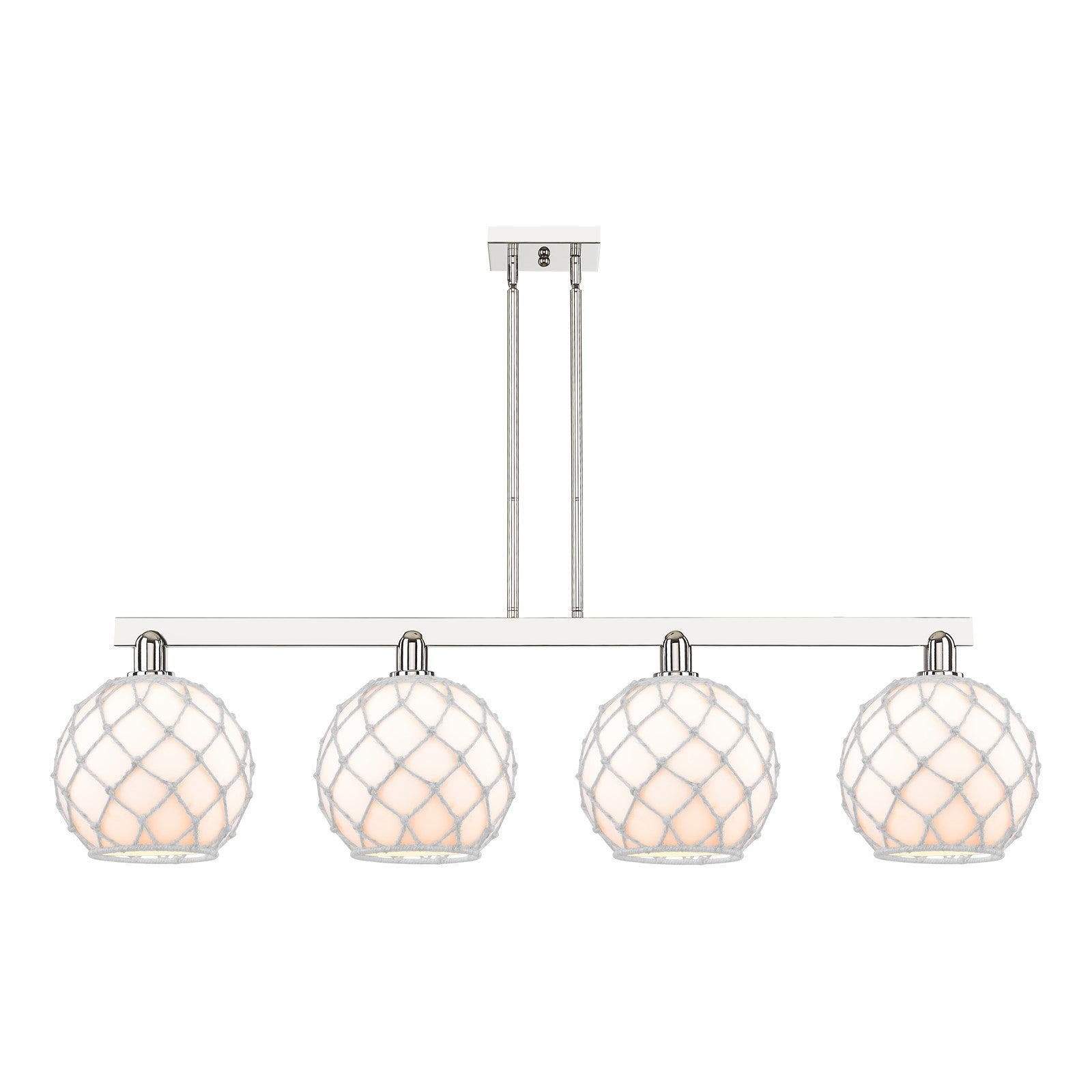 Innovations Farmhouse Rope 53in 4-Light Island Light | Industrial Polished Nickel Steel and White Glass with Rope | Kitchen | Model 716-4I-PN-G121-10RW