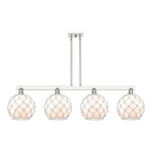 Innovations Farmhouse Rope 53in 4-Light Island Light | Industrial Polished Nickel Steel and White Glass with Rope | Kitchen | Model 716-4I-PN-G121-10RW