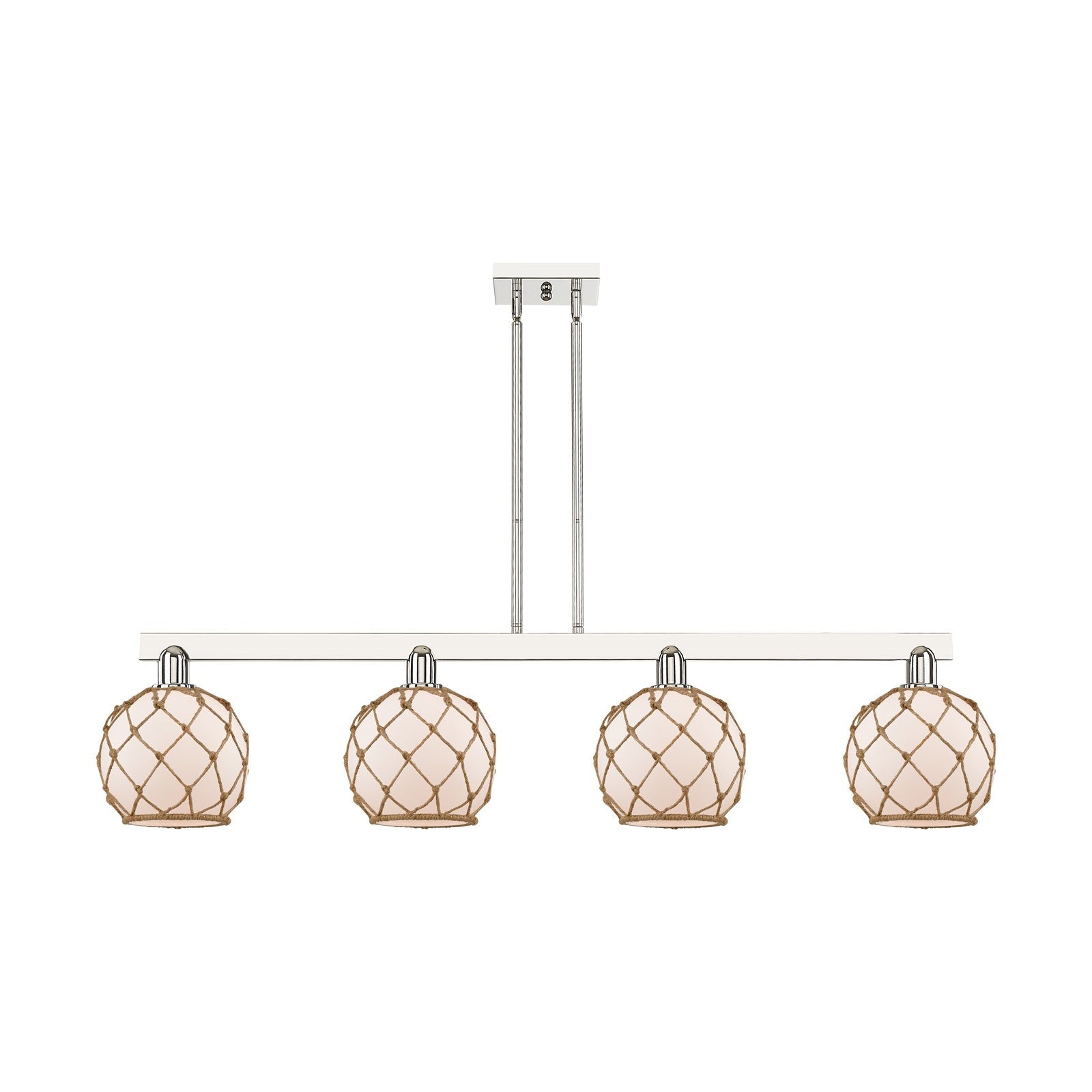 Innovations Farmhouse Rope 51in 4-Light Island Light | Industrial Polished Nickel Steel and White Frosted Glass with Brown Rope | Model 716-4I-PN-G121-8RB