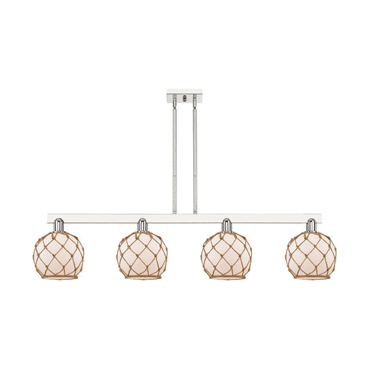 Innovations Farmhouse Rope 51in 4-Light Island Light | Industrial Polished Nickel Steel and White Frosted Glass with Brown Rope | Model 716-4I-PN-G121-8RB