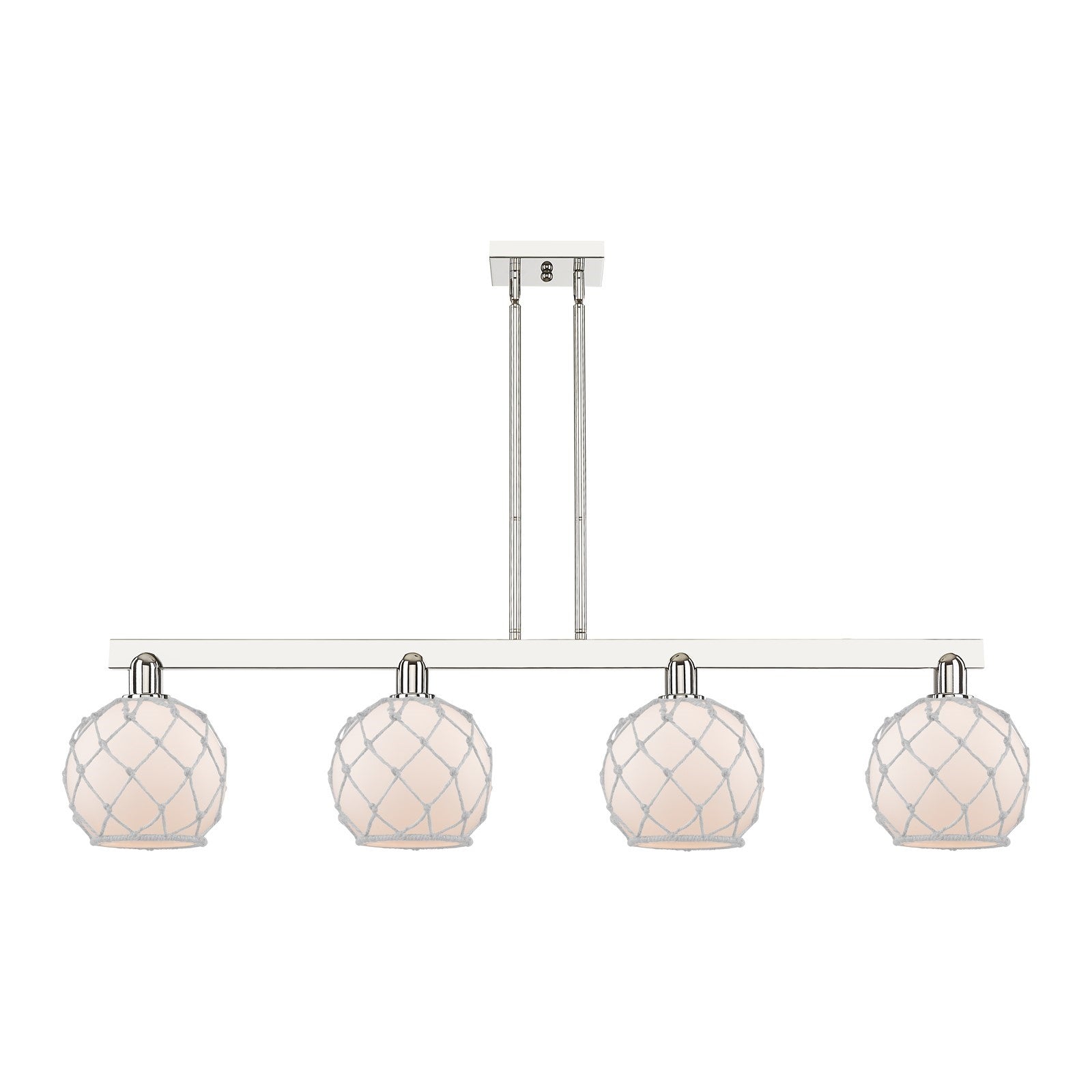 Innovations Farmhouse Rope 51in 4-Light Island Light | Industrial Polished Nickel and White Frosted Glass with Rope | Kitchen | Model 716-4I-PN-G121-8RW