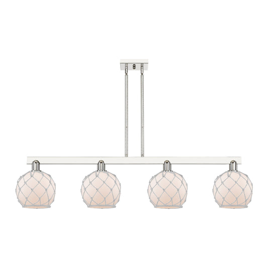 Innovations Farmhouse Rope 51in 4-Light Island Light | Industrial Polished Nickel and White Frosted Glass with Rope | Kitchen | Model 716-4I-PN-G121-8RW