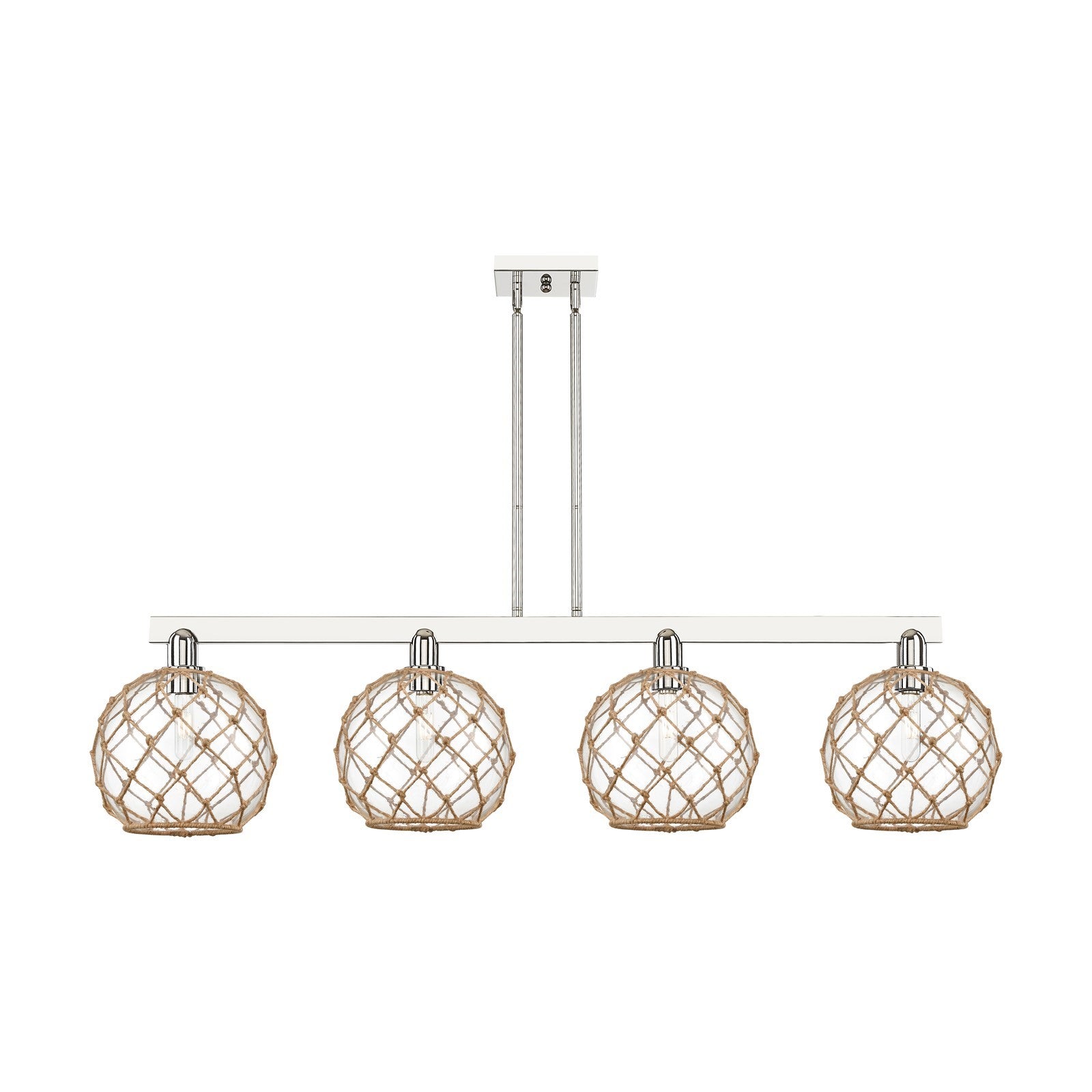 Innovations Farmhouse Rope 53in 4-Light Island Light | Industrial Polished Nickel Steel and Clear Glass with Brown Rope | Model 716-4I-PN-G122-10RB