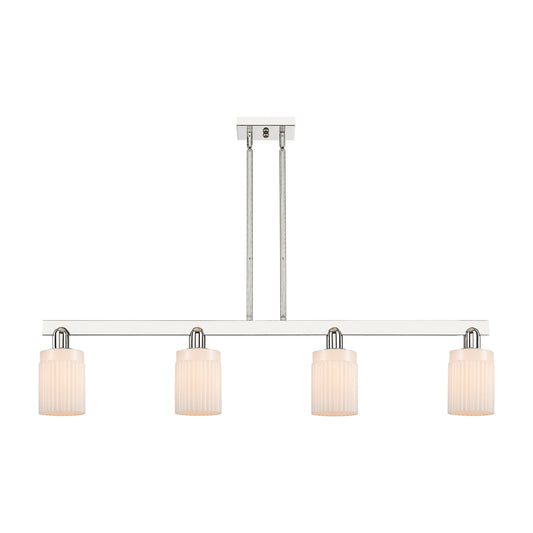Innovations Hadley 47in 4-Light Island Light | Industrial Polished Nickel and Matte White Ribbed Glass | Kitchen Island & Dining | Model 716-4I-PN-G341