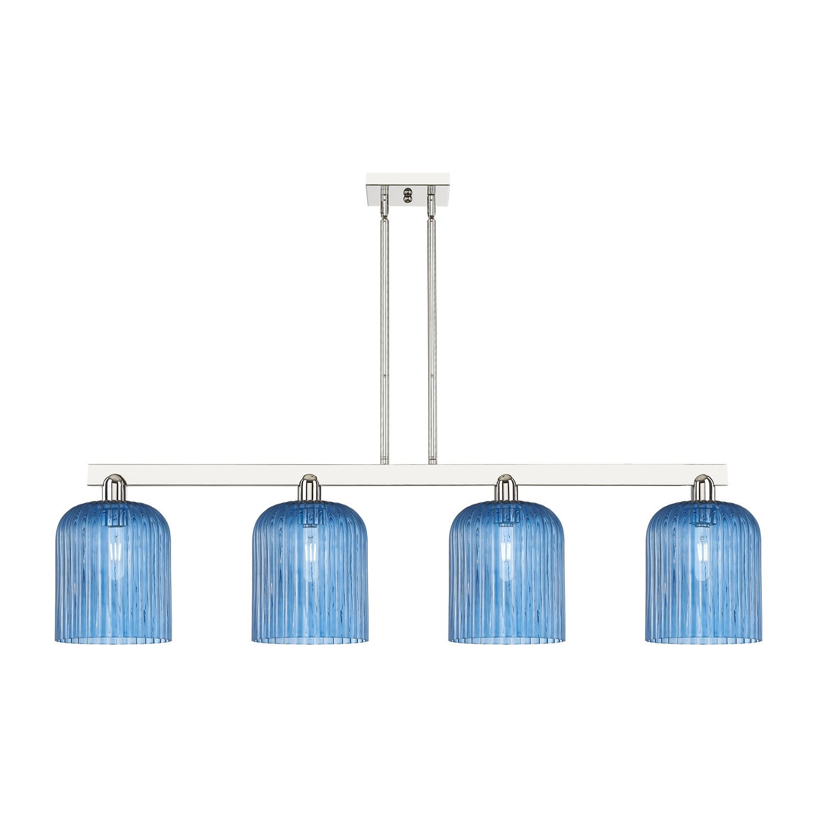 Innovations Bridal Veil 51in 4-Light Island Light | Industrial Polished Nickel and Princess Blue Ribbed Glass | Kitchen Island | Model 716-4I-PN-G559-8BL