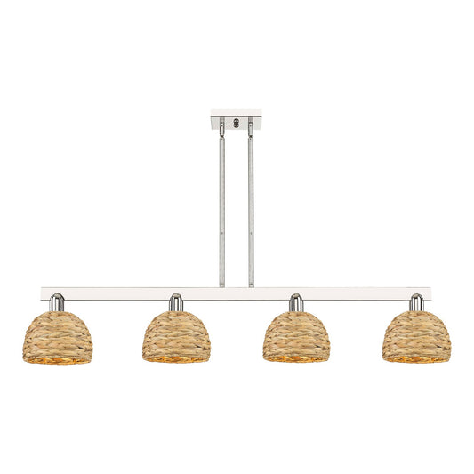 Innovations Arcadia 51in 4-Light Island Light | Industrial Polished Nickel and Natural Rattan | Kitchen Island & Dining Room | Model 716-4I-PN-RBD-8-NAT