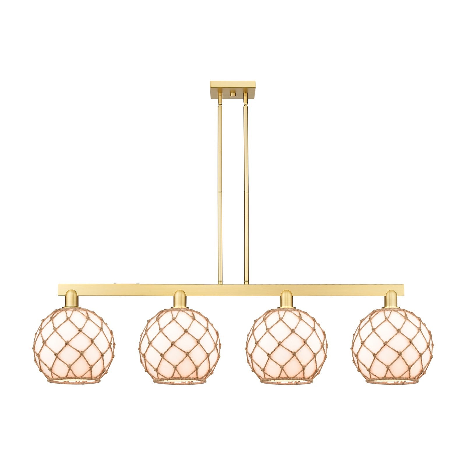 Innovations Farmhouse Rope 53in 4-Light Island Light | Industrial Satin Gold Steel and Matte White Glass with Rope | Kitchen | Model 716-4I-SG-G121-10RB