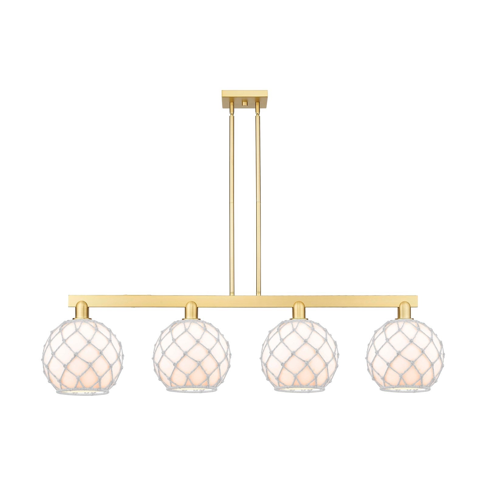 Innovations Farmhouse Rope 53in 4-Light Island Light | Industrial Satin Gold Steel and White Glass with Rope | Kitchen Island | Model 716-4I-SG-G121-10RW