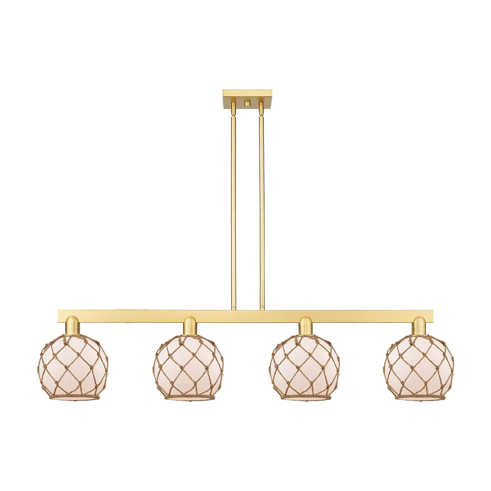 Innovations Farmhouse Rope 51in 4-Light Island Light | Industrial Satin Gold Steel and White Frosted Glass with Brown Rope | Model 716-4I-SG-G121-8RB