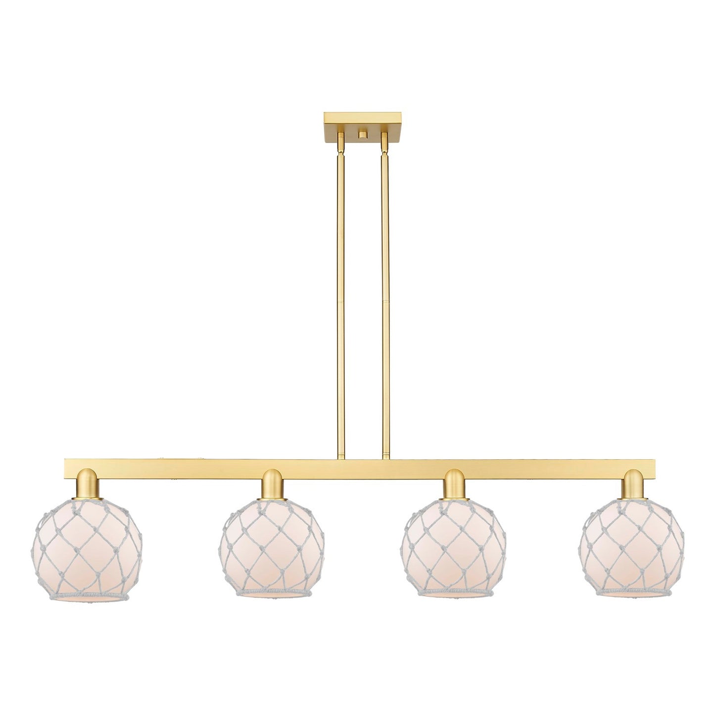 Innovations Farmhouse Rope 51in 4-Light Island Light | Industrial Satin Gold Steel and White Glass with Rope | Kitchen Island & | Model 716-4I-SG-G121-8RW
