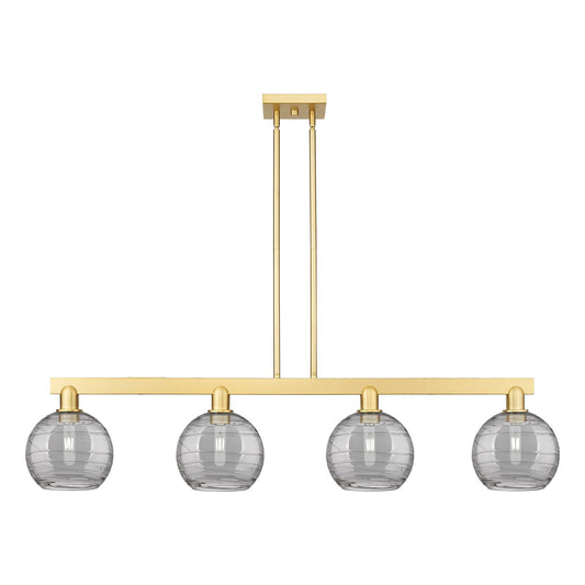 Innovations Athens Deco Swirl 51in 4-Light Island Light | Industrial Satin Gold Steel and Cast Brass with Light Smoke Glass | Model 716-4I-SG-G1213-8SM