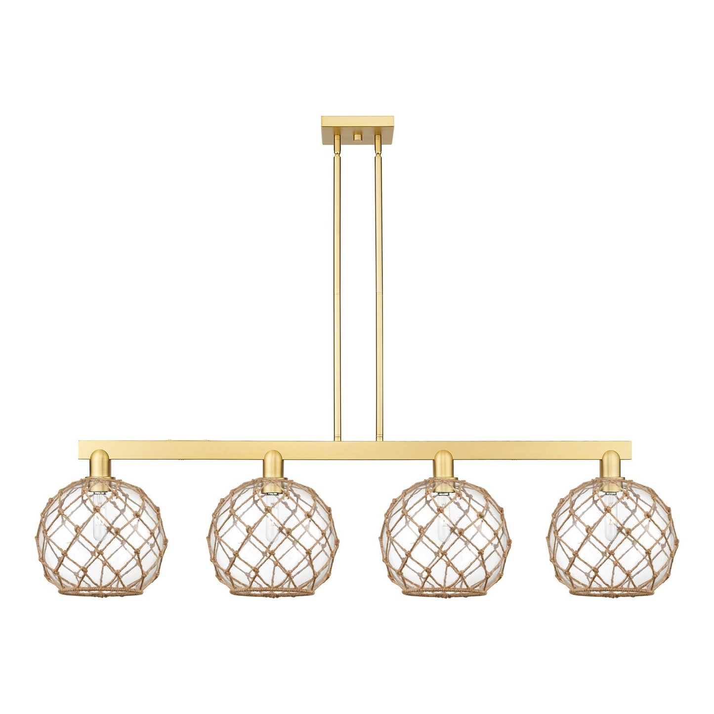 Innovations Farmhouse Rope 53in 4-Light Island Light | Industrial Satin Gold Steel and Clear Glass with Brown Rope | Kitchen | Model 716-4I-SG-G122-10RB