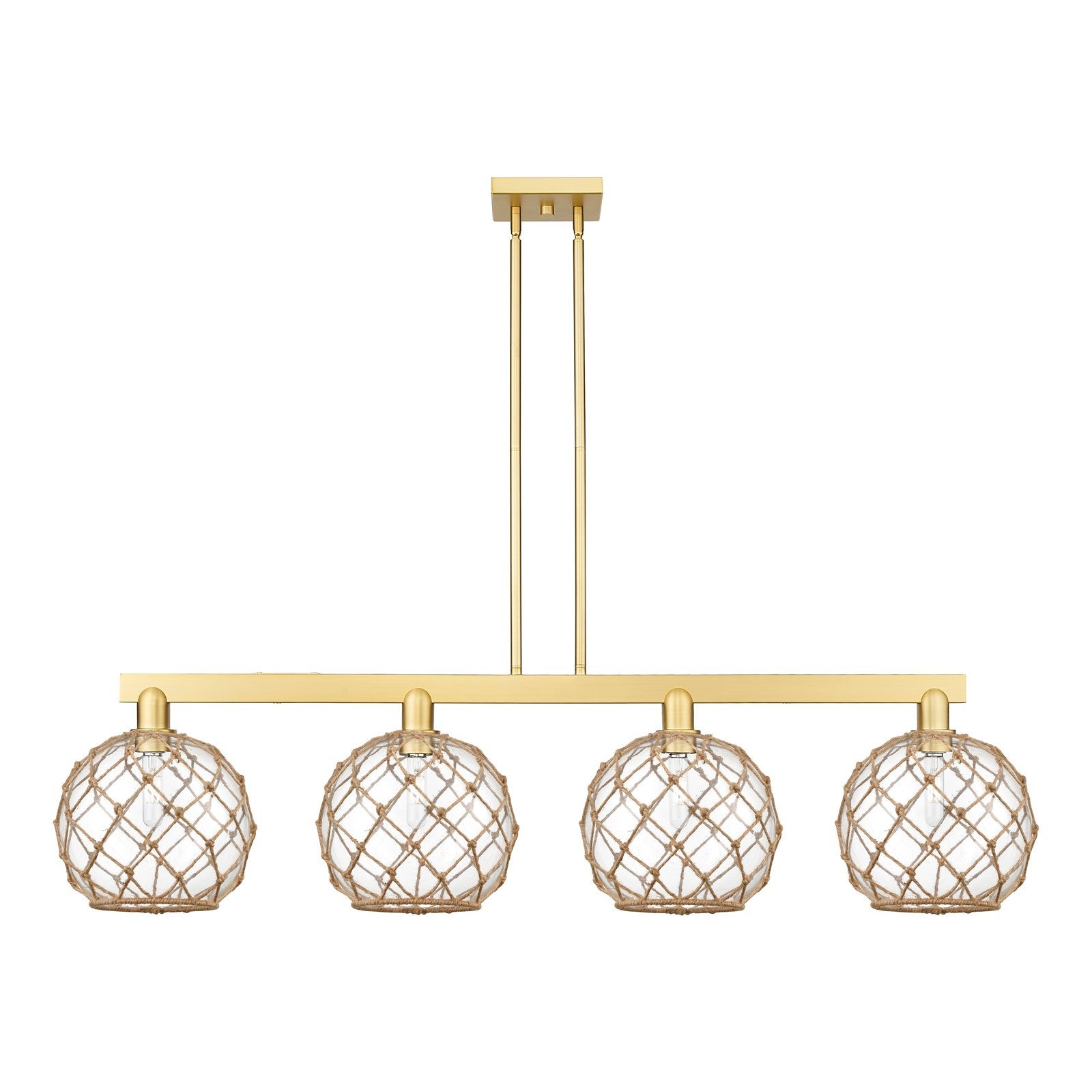 Innovations Farmhouse Rope 53in 4-Light Island Light | Industrial Satin Gold Steel and Clear Glass with Brown Rope | Kitchen | Model 716-4I-SG-G122-10RB