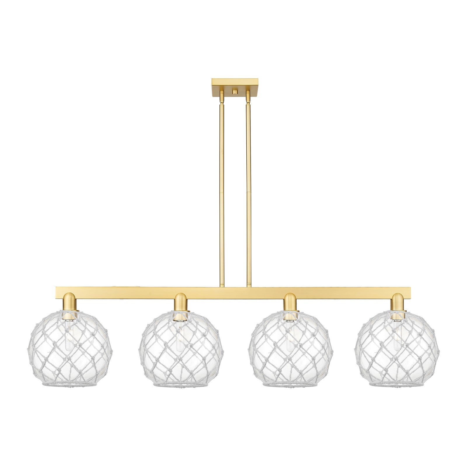 Innovations Farmhouse Rope 53in 4-Light Island Light | Industrial Satin Gold Steel and Clear Glass with White Rope | Kitchen | Model 716-4I-SG-G122-10RW
